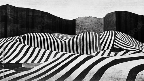 Abstract black and white landscape featuring striped hills and geometric shapes under a cloudy sky