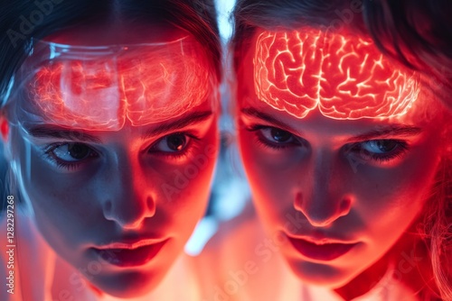 Two individuals with glowing brain patterns on their foreheads engaged in a futuristic experiment in a dimly lit laboratory photo