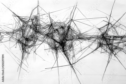 Abstract black and white lines creating a chaotic network pattern, suggesting complexity and depth