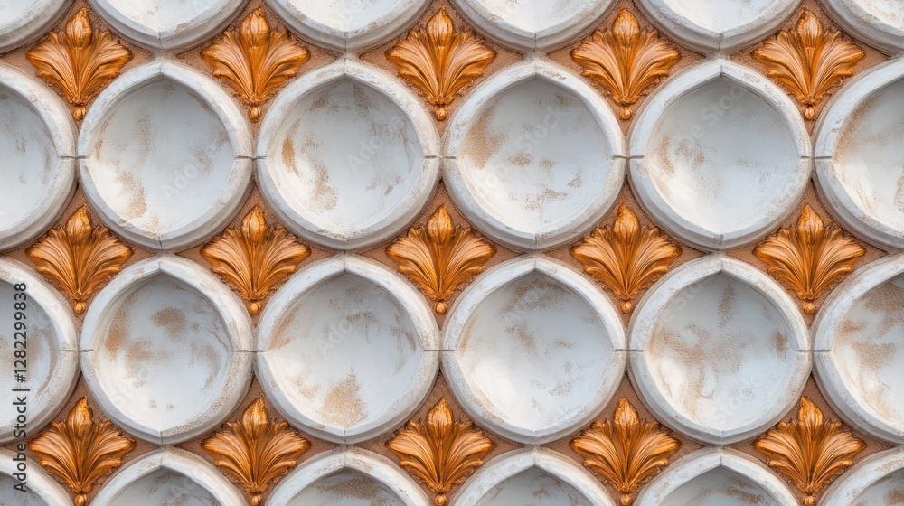 Intricate wall detail with round, white shapes and golden floral accents. A repeating pattern creates a luxurious texture. Intricate wall detail with round, white shapes and golden floral accents. A repeating pattern creates a luxurious texture.