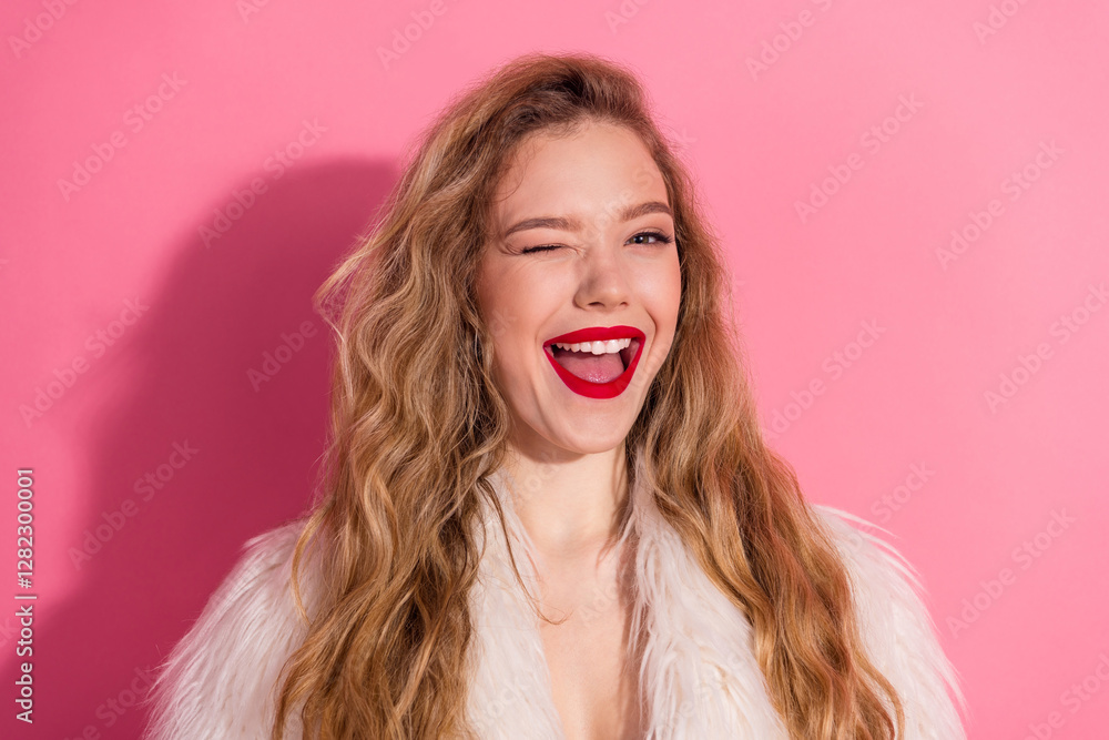 Charming young woman winking and smiling with bright red lips, wearing fur coat against vibrant pink background, showcasing style and joy Charming young woman winking and smiling with bright red lips, wearing fur coat against vibrant pink background, showcasing style and joy