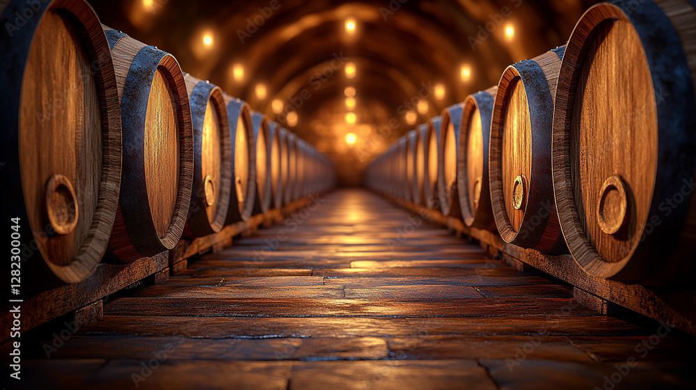 Wooden oak barrels stacked in a cool cellar, representing the aging process of wine or brandy in a distillery. Symbolizing craftsmanship, tradition, and the meticulous art of winemaking.
Wooden oak barrels stacked in a cool cellar, representing the aging process of wine or brandy in a distillery. Symbolizing craftsmanship, tradition, and the meticulous art of winemaking.