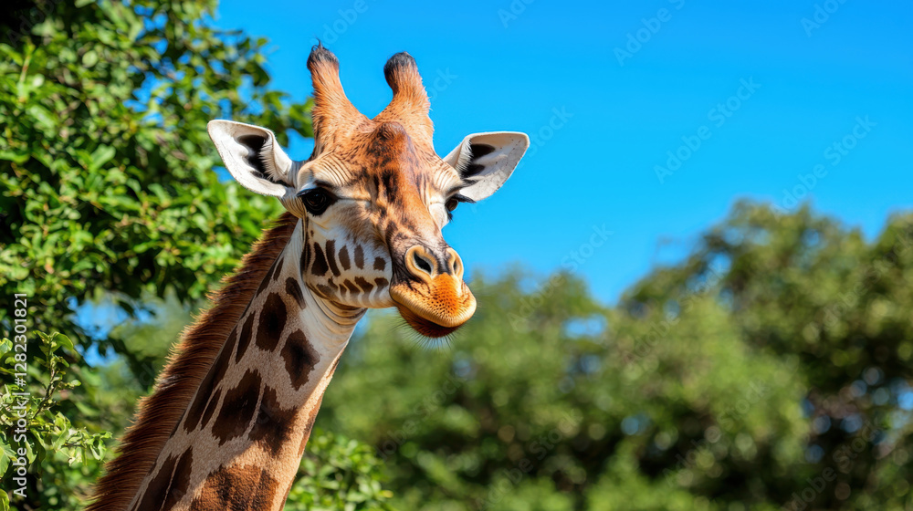 Graceful giraffe with distinctive spots, browsing in lush greenery under clear blue sky Graceful giraffe with distinctive spots, browsing in lush greenery under clear blue sky