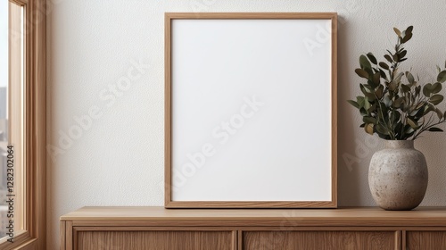 A minimalist interior scene featuring a blank frame and a vase with greenery on a wooden surface, set against a textured wall and natural light from a window.