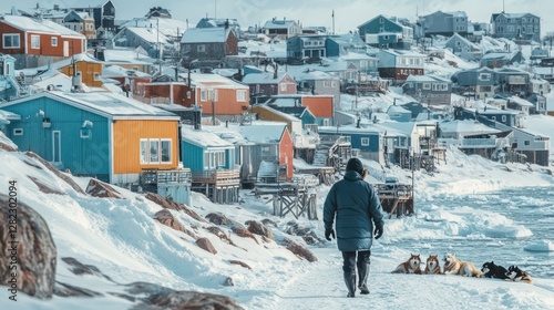 Iqaluit, Nunavut, Canada A traveler in a parka walks along the icy shores of Frobisher Bay, sled dogs resting nearby. 