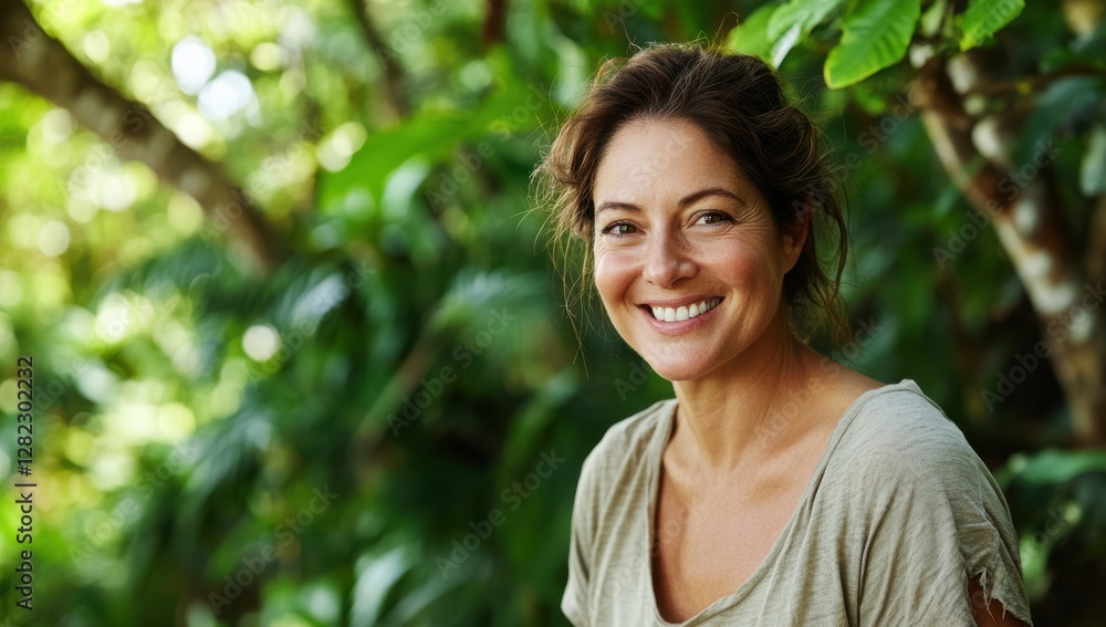 Woman smiles outdoors in lush foliage. Possible use Stock photo Woman smiles outdoors in lush foliage. Possible use Stock photo