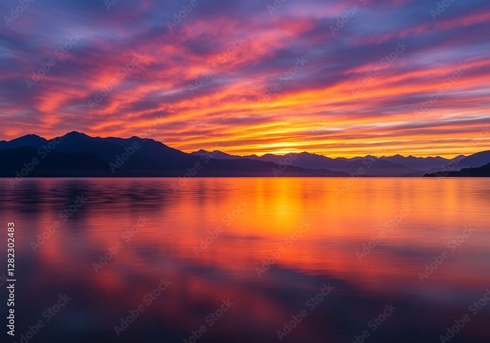 Fototapeta premium Lake Reflecting Dramatic Sunrise with Mountain Silhouette and Colorful Sky