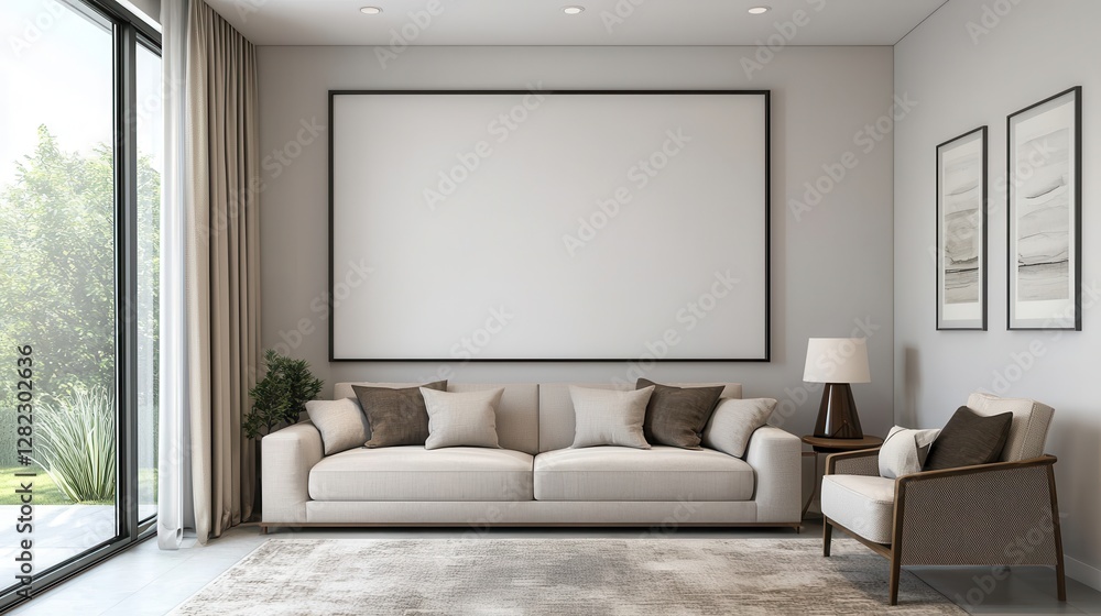 A modern living room featuring a neutral color palette, comfortable sofa, decorative pillows, artwork, and large glass doors leading to a garden. A modern living room featuring a neutral color palette, comfortable sofa, decorative pillows, artwork, and large glass doors leading to a garden.
