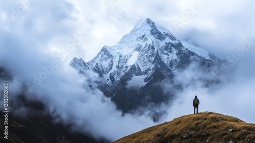 Gangkhar Puensum, Bhutan  A lone backpacker gazes at the worlds highest unclimbed mountain, shrouded in clouds. 
