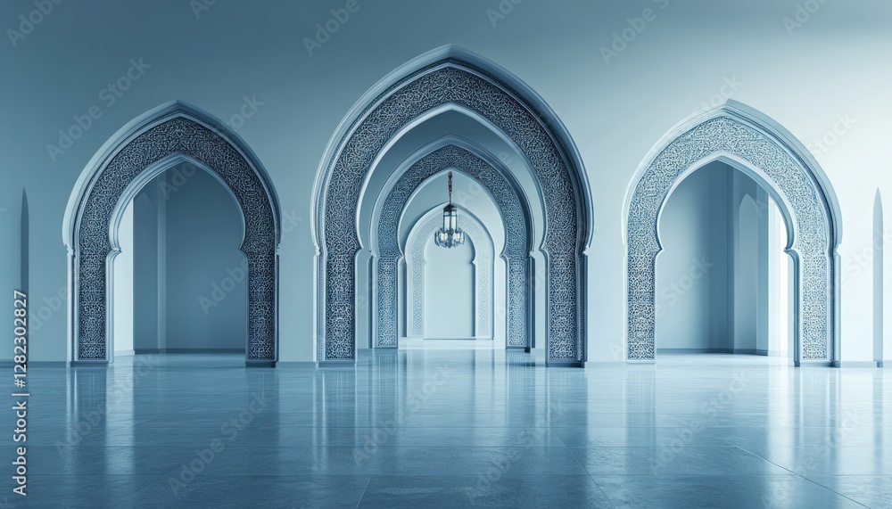 Obraz premium Architectural interior with pixelated arches and geometric patterns in a futuristic design with soft lighting creating a serene and modern atmosphere