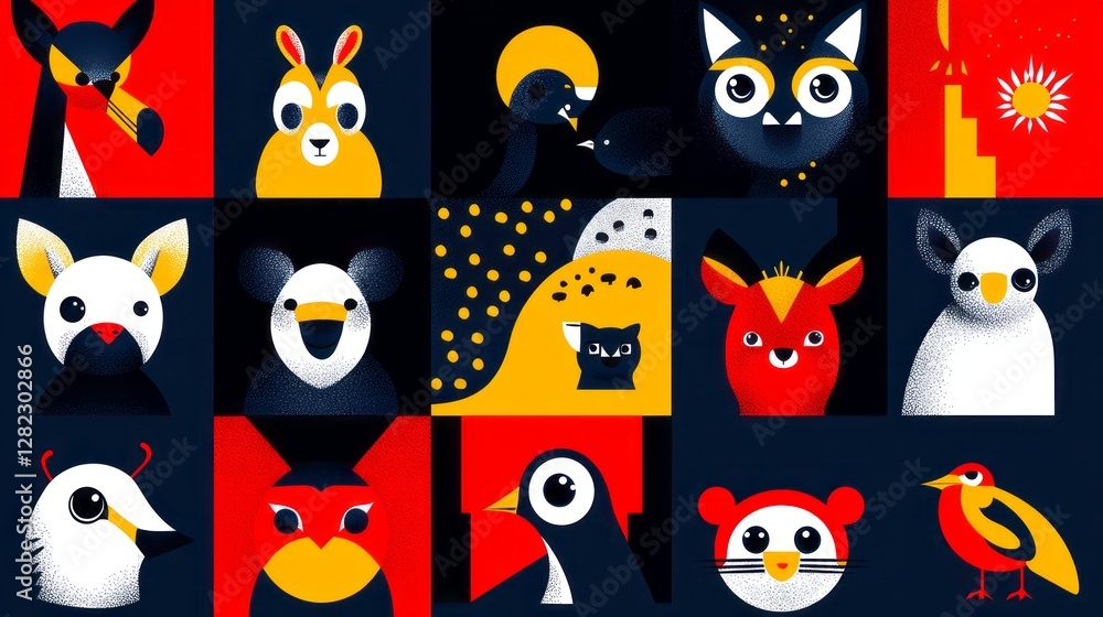 Various stylized cartoon animal faces arranged in a grid format Various stylized cartoon animal faces arranged in a grid format