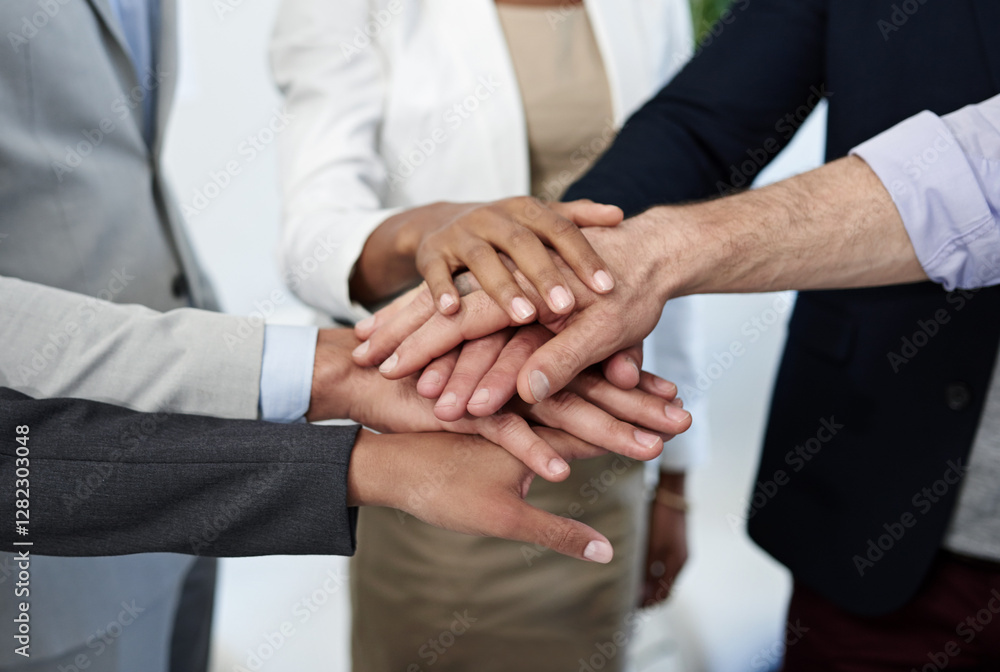 Business people, hands together and meeting with teamwork for synergy, mission or collaboration at office. Closeup, group or employees piling with stack for huddle, unity or solidarity at workplace Business people, hands together and meeting with teamwork for synergy, mission or collaboration at office. Closeup, group or employees piling with stack for huddle, unity or solidarity at workplace