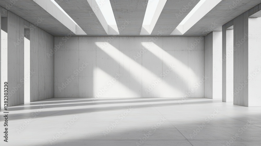 Fototapeta premium A minimalist interior featuring concrete walls and beams, illuminated by natural light streaming through skylights.