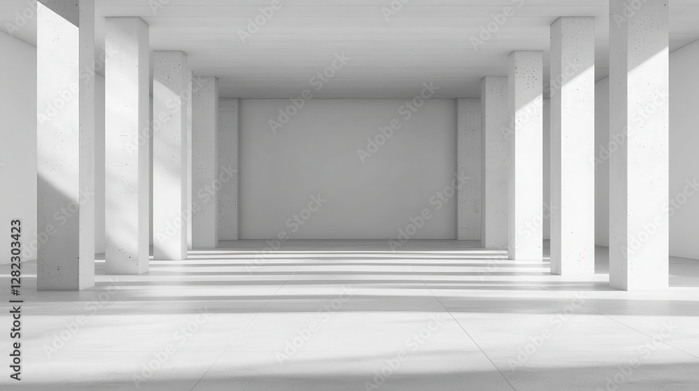 Fototapeta premium A spacious, minimalist interior featuring white walls and columns, with soft shadows creating an open and airy atmosphere.