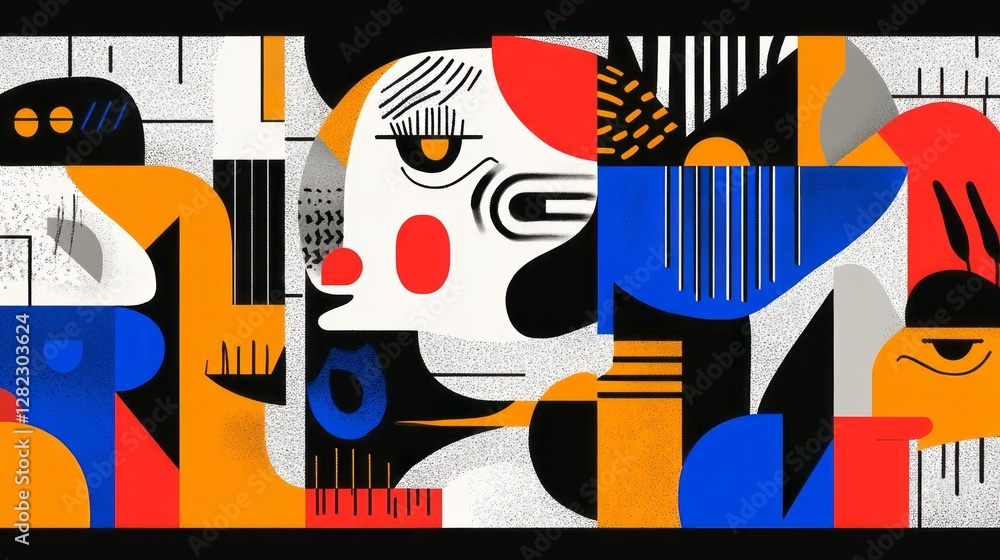 Fototapeta premium Abstract artistic composition featuring faces and geometric forms boldly colored