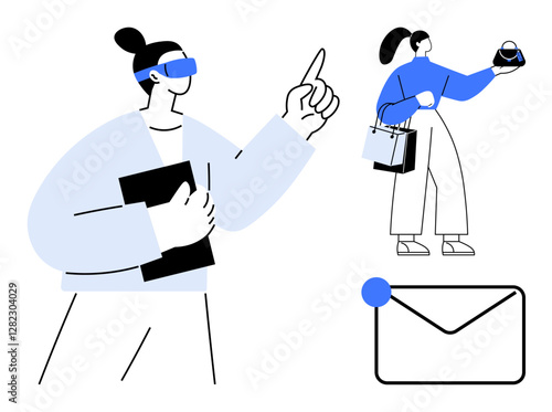 Person wearing VR headset exploring, another holding shopping bags and coffee, a third icon of an email envelope. Ideal for technology, e-commerce, virtual reality, communication, modern life, online