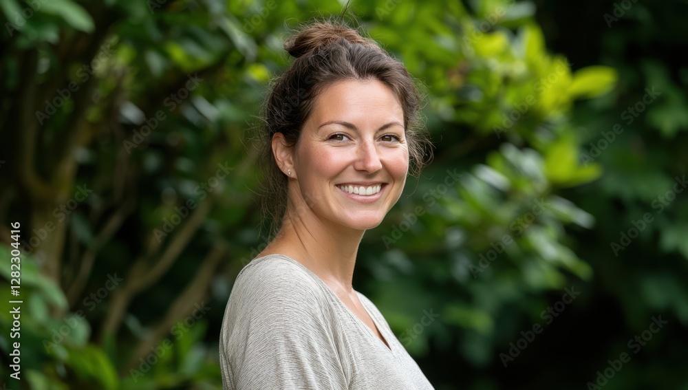 Woman smiles outdoors, blurred greenery background, portrait Woman smiles outdoors, blurred greenery background, portrait