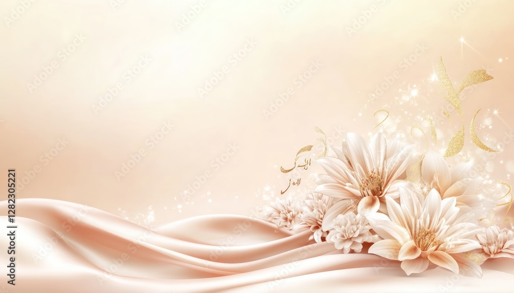 Elegant floral arrangement on fabric with a soft focus background and sparkles Elegant floral arrangement on fabric with a soft focus background and sparkles
