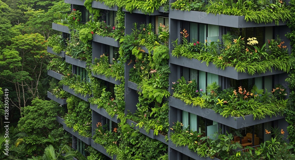 Exterior of a modern apartment building with green plants and flowers. Exterior of a modern apartment building with green plants and flowers.