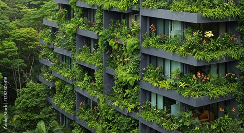 Exterior of a modern apartment building with green plants and flowers. photo