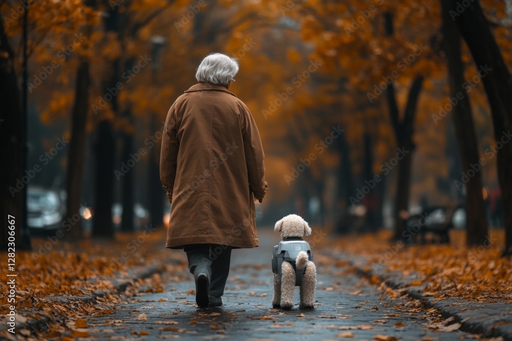 Fototapeta premium Elderly person walks with small dog along tree-lined path covered in autumn leaves