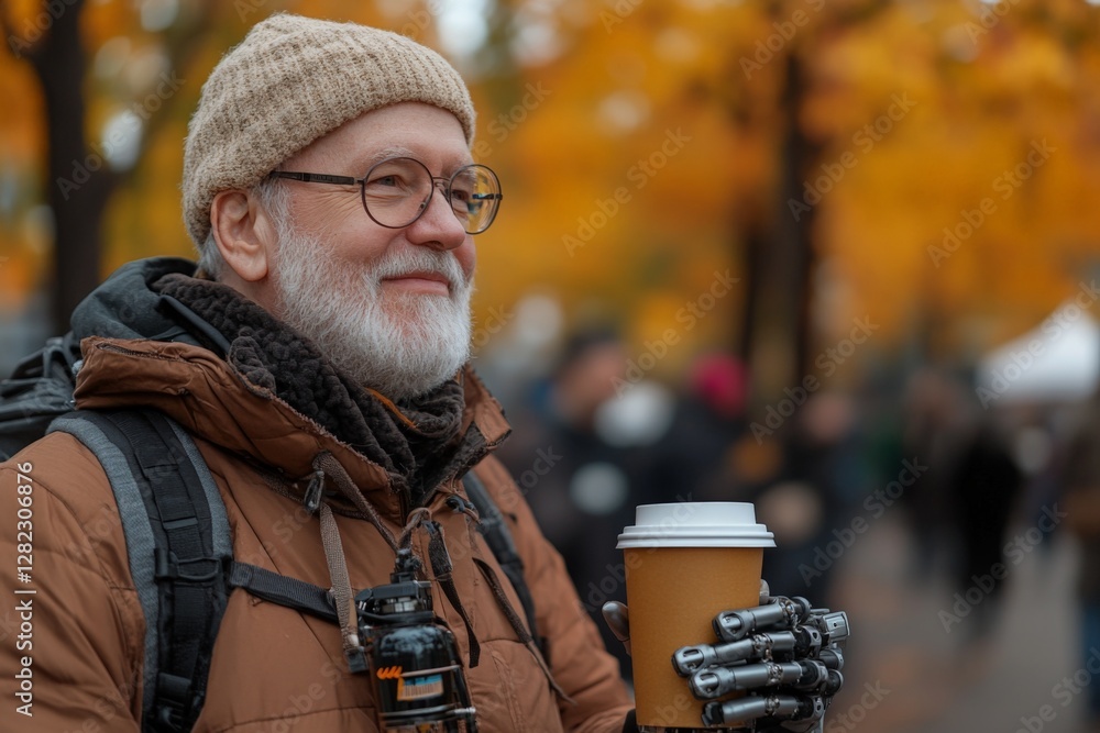 Elderly man enjoys warm drink while surrounded by autumn colors in a bustling park Elderly man enjoys warm drink while surrounded by autumn colors in a bustling park