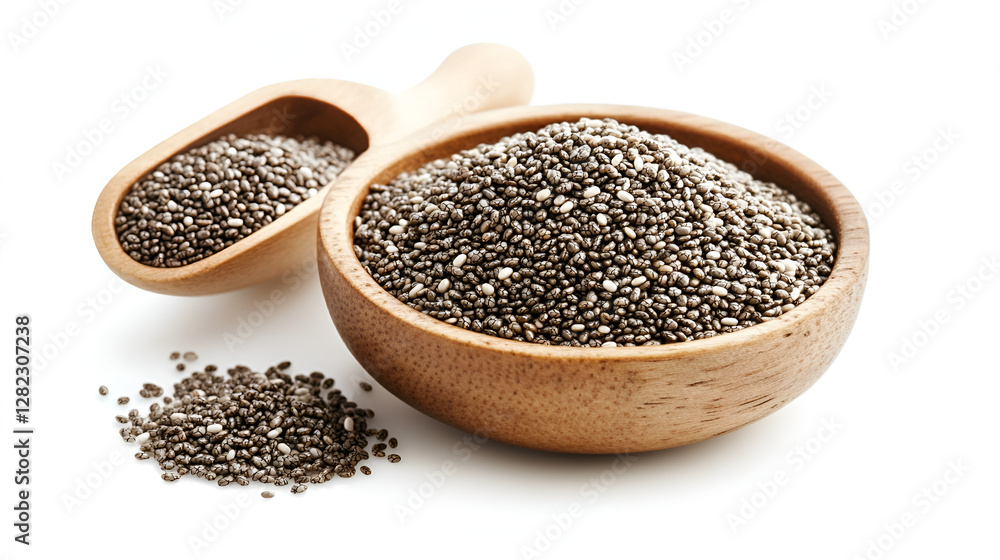 chia seed in a wooden bowl on isolated white background.ai chia seed in a wooden bowl on isolated white background.ai