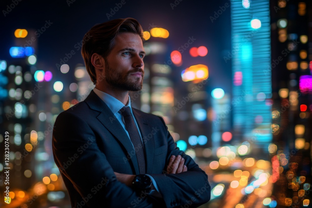 Fototapeta premium Businessman contemplating the cityscape at night with vibrant lights in the background