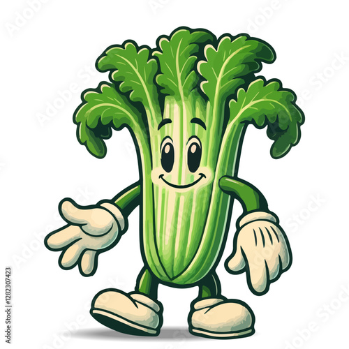 Cheerful Celery retro cartoon Character im Stil der 1930er isolated on white background. Perfect for food, health and kids projects. Vector cartoon illustration of cute Vegetable character