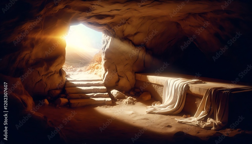 Resurrection of Jesus Christ. Empty tomb of Jesus. Easter or Resurrection concept