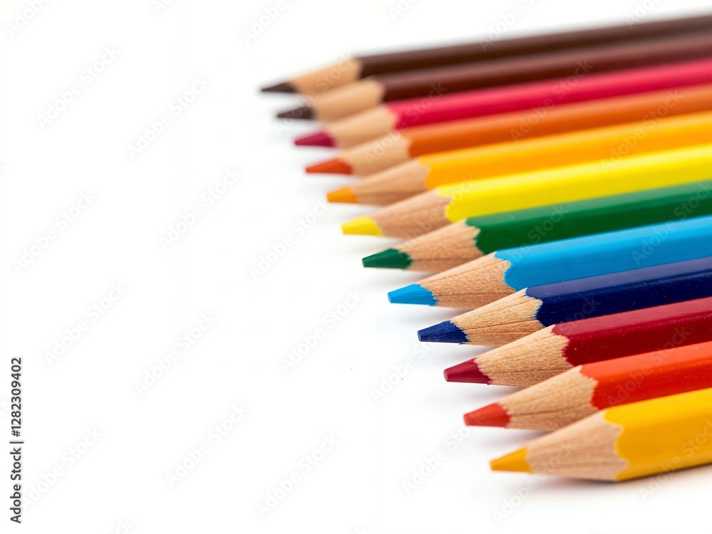 A set of colorful pencils, isolated on a white background, arranged in a neat row. A set of colorful pencils, isolated on a white background, arranged in a neat row.