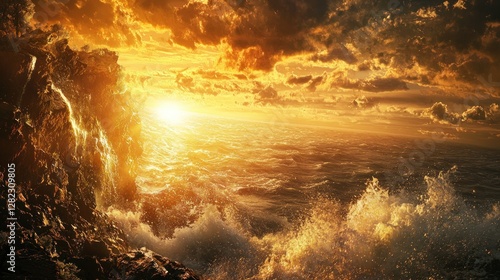 Dramatic sunset over ocean waves crashing against rocky cliff.