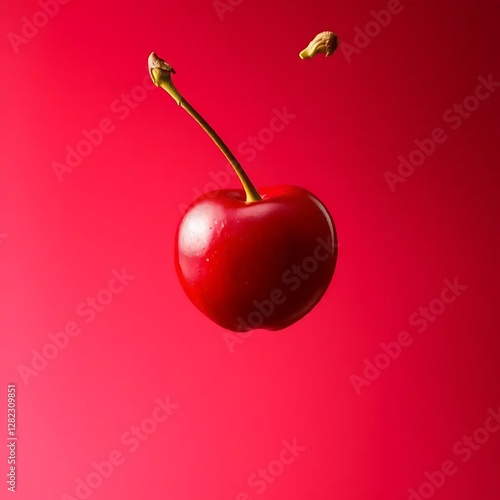 A Single Red Cherry Floating Against a Red Background