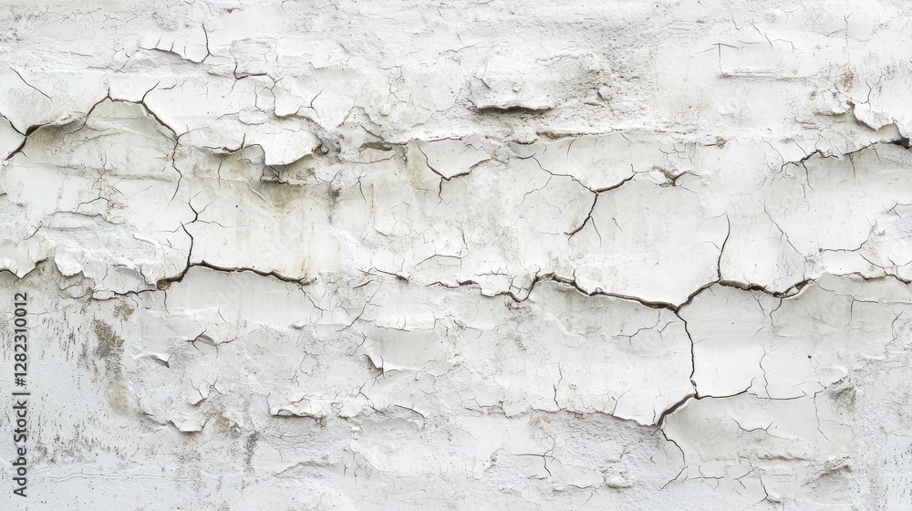 Fototapeta premium Cracked white wall texture emphasizing weathered paint and aging, ideal for backgrounds in design projects, showcasing a rustic and vintage aesthetic