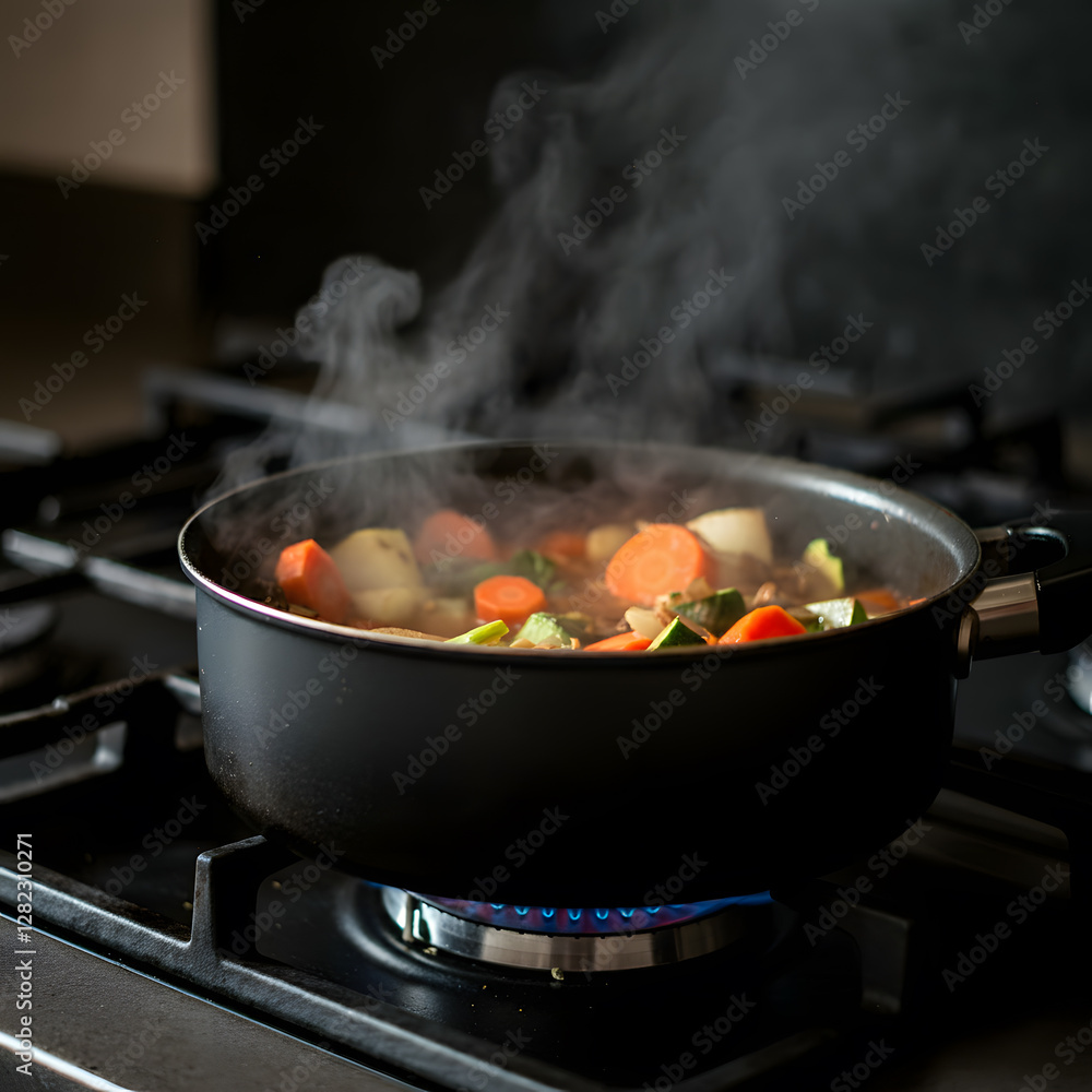 Steaming vegetable medley cooking in black pan on stovetop healthy homemade meal with rising aromatic steam Steaming vegetable medley cooking in black pan on stovetop healthy homemade meal with rising aromatic steam