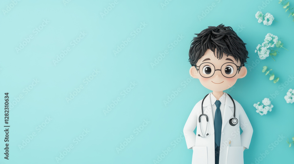 Cute Cartoon Doctor Character with Flowers on Blue Background Cute Cartoon Doctor Character with Flowers on Blue Background