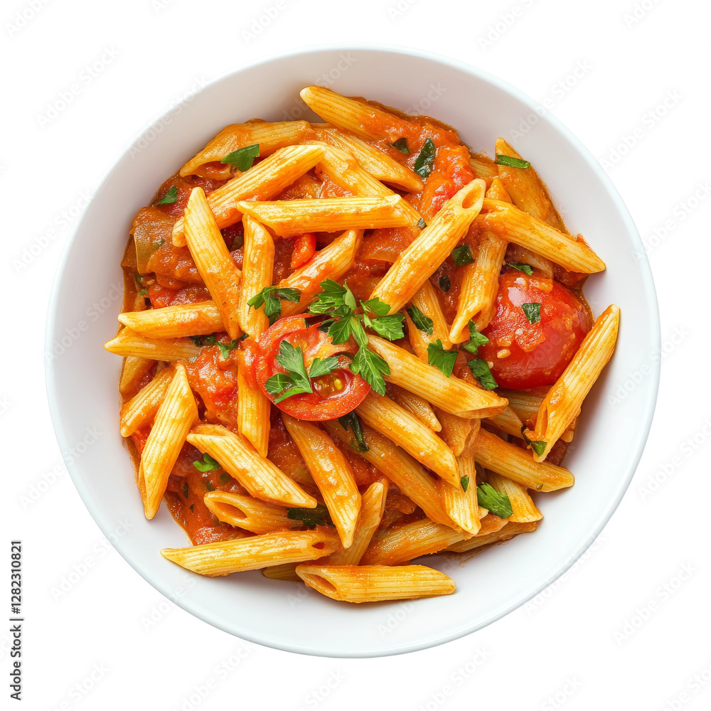 delicious red sauce penne pasta with some toppings of cheery tomato and parsley on it in a white pasta bowl on white background delicious red sauce penne pasta with some toppings of cheery tomato and parsley on it in a white pasta bowl on white background