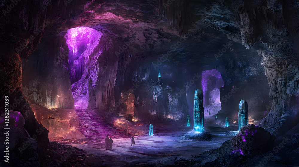 Subterranean cavern system illuminated by mineral deposits and archaeological artifacts Subterranean cavern system illuminated by mineral deposits and archaeological artifacts