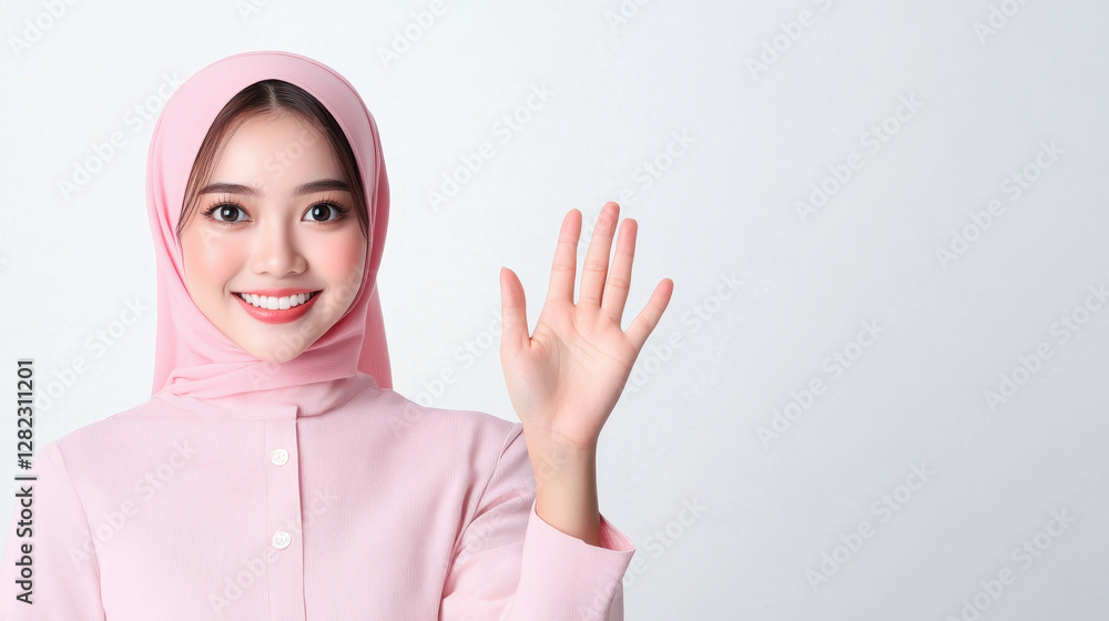Cheerful Young Woman in Hijab Wave Gesture on Light Background Cheerful Young Woman in Hijab Wave Gesture on Light Background