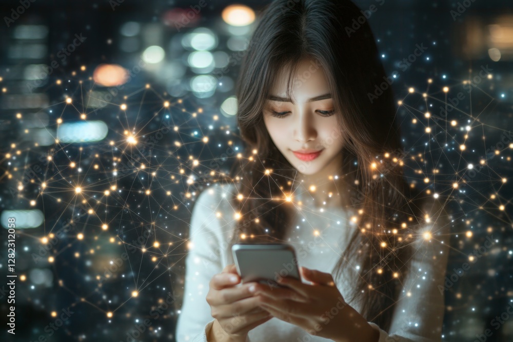 Woman using smartphone in a city at night surrounded by colorful lights and network connections Woman using smartphone in a city at night surrounded by colorful lights and network connections