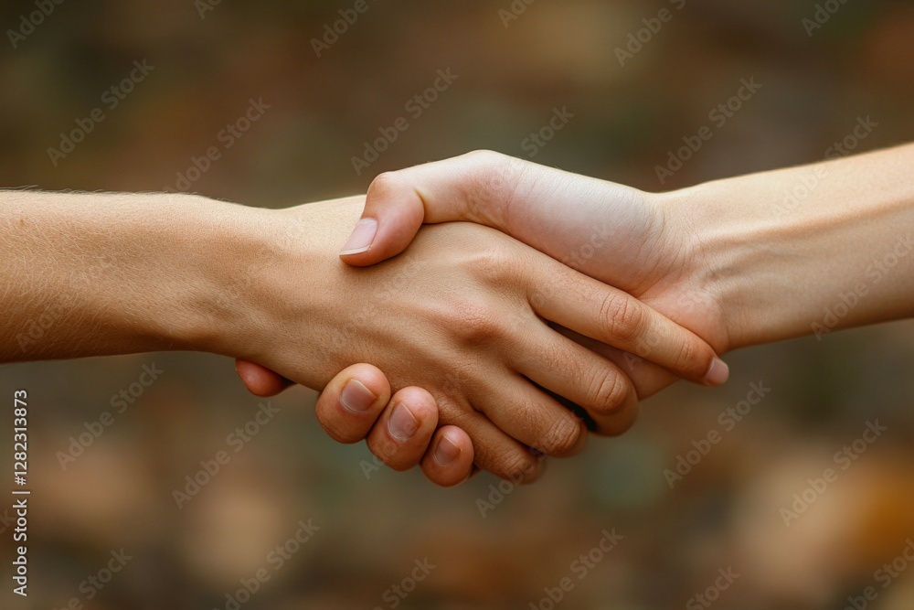 Handshake between two people symbolizing agreement and understanding in a natural outdoor setting Handshake between two people symbolizing agreement and understanding in a natural outdoor setting