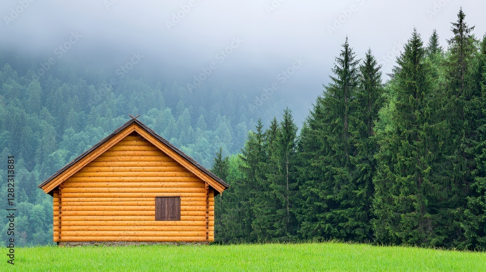 Rustic wooden cabin in lush green field surrounded by dense forest under cloudy sky in tranquil countryside Rustic wooden cabin in lush green field surrounded by dense forest under cloudy sky in tranquil countryside
