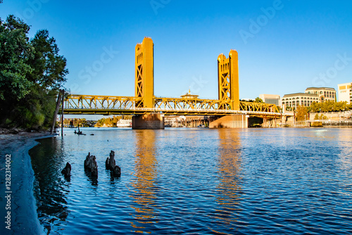 Tower Bridge Over Sacramento Riverbank in Downtown Sacramento, CA