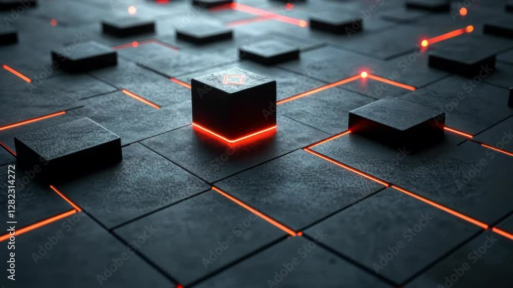 Illuminated black cubes form a network with glowing orange lines.