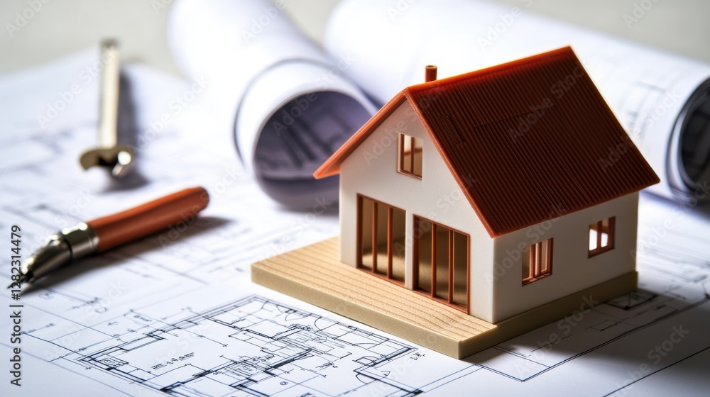 Miniature house on architectural plans, design, home Miniature house on architectural plans, design, home