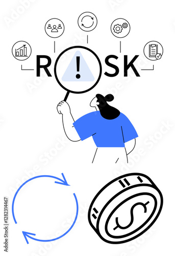 Business person holding magnifying glass over the word RISK with surrounding icons representing various risk factors. Ideal for business analysis, risk management, finance, teamwork, data analysis photo