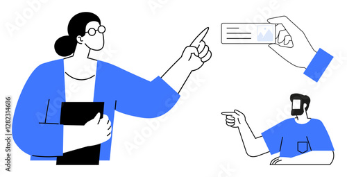 Businesswoman pointing, another pointing man, and a hand holding an ID card. Ideal for communication, office dynamics, documentation, networking, identification, teamwork business interactions