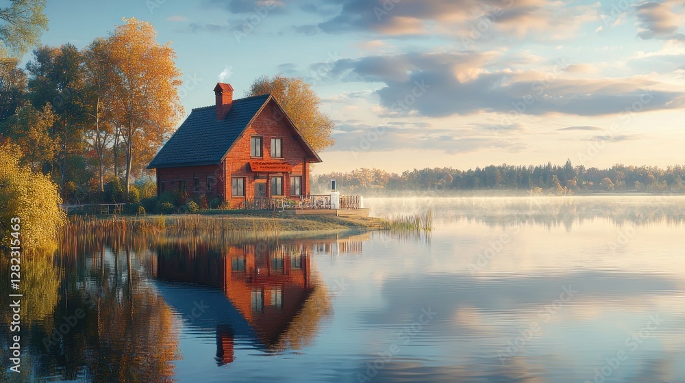 Fototapeta premium Red house by calm lake at sunrise, autumn.