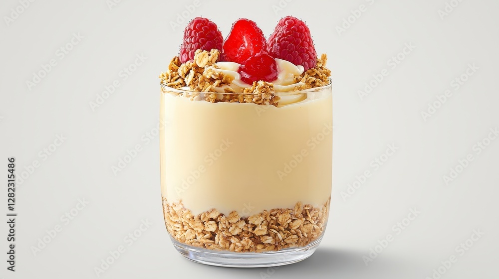 Delicious Layered Yogurt Parfait with Granola and Fresh Raspberries in a Clear Glass Cup Delicious Layered Yogurt Parfait with Granola and Fresh Raspberries in a Clear Glass Cup