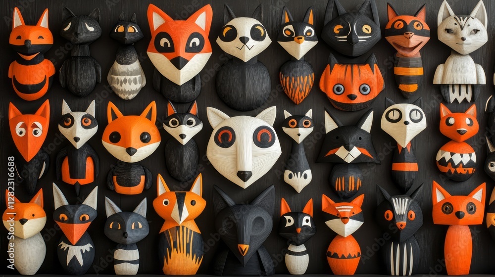 Collection of whimsical handcrafted animal figurines arranged on dark background Collection of whimsical handcrafted animal figurines arranged on dark background